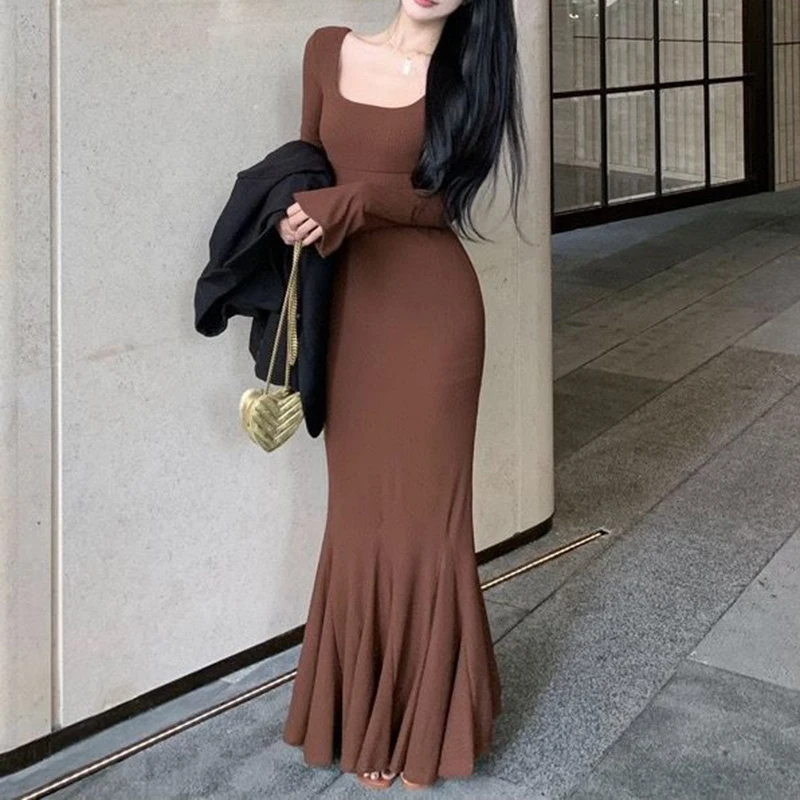 Women's Sheath Dress Simple Style Classic Style U Neck Wrap Long Sleeve Simple Solid Color Maxi Long Dress Daily Date Bar display picture 5