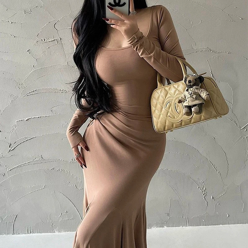 Women's Sheath Dress Simple Style Classic Style U Neck Wrap Long Sleeve Simple Solid Color Maxi Long Dress Daily Date Bar display picture 6