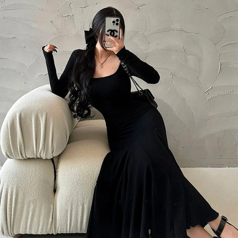 Women's Sheath Dress Simple Style Classic Style U Neck Wrap Long Sleeve Simple Solid Color Maxi Long Dress Daily Date Bar display picture 7