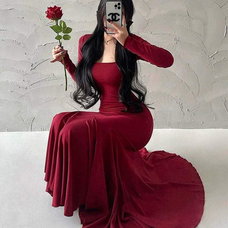 Women's Sheath Dress Simple Style Classic Style U Neck Wrap Long Sleeve Simple Solid Color Maxi Long Dress Daily Date Bar display picture 8