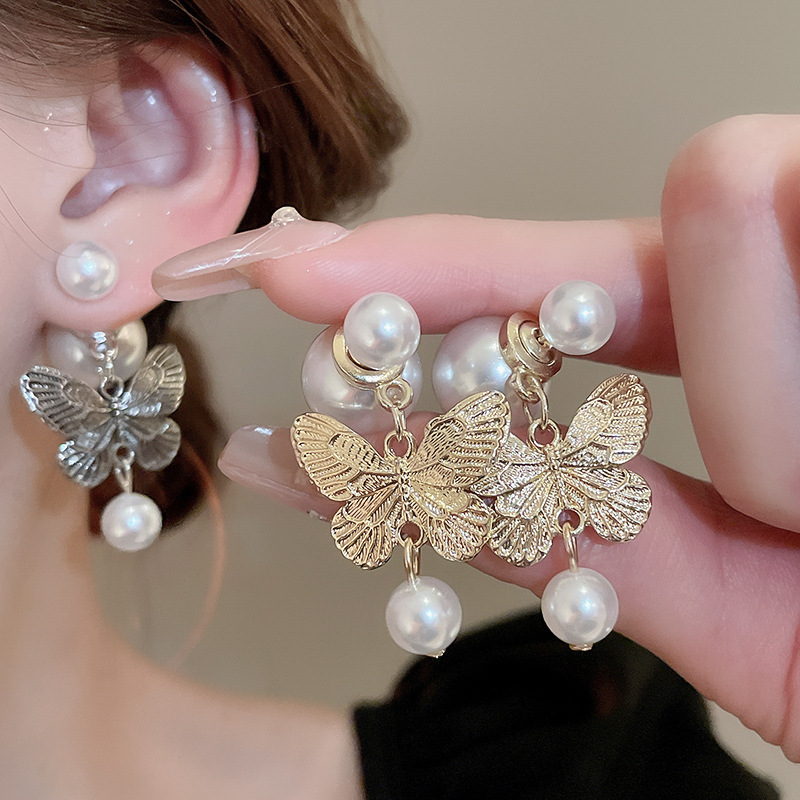 1 Pair Vintage Style Simple Style Butterfly Inlay Alloy Imitation Pearl Drop Earrings display picture 1