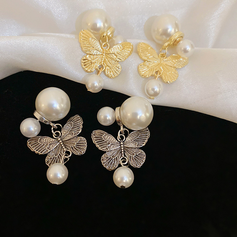 1 Pair Vintage Style Simple Style Butterfly Inlay Alloy Imitation Pearl Drop Earrings display picture 3