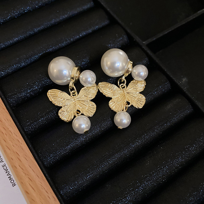 1 Pair Vintage Style Simple Style Butterfly Inlay Alloy Imitation Pearl Drop Earrings display picture 5