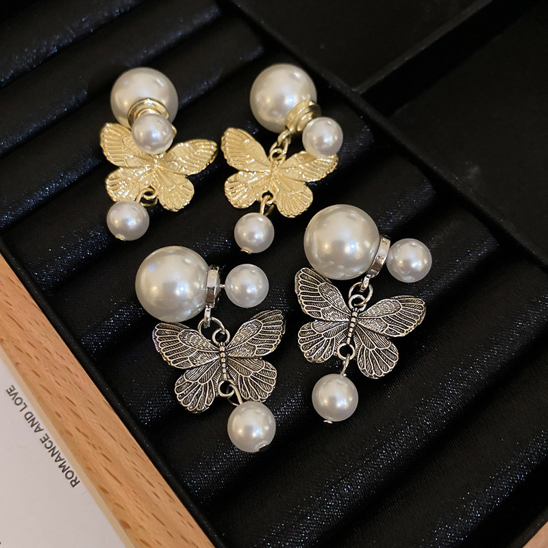 1 Pair Vintage Style Simple Style Butterfly Inlay Alloy Imitation Pearl Drop Earrings display picture 10