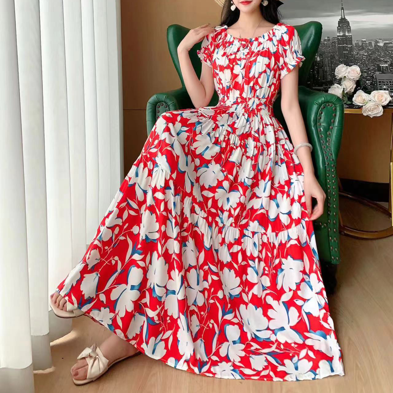 Women's Tea Dress Casual Elegant Vacation Boat Neck Elastic Waist Hollow Out Short Sleeve Flower Midi Dress Outdoor Daily display picture 1