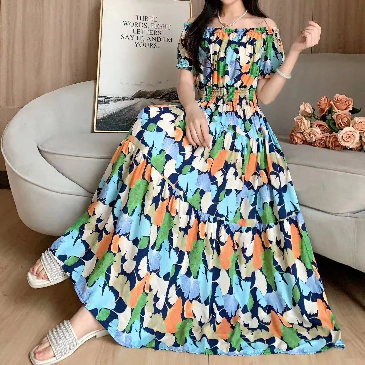 Women's Tea Dress Casual Elegant Vacation Boat Neck Elastic Waist Hollow Out Short Sleeve Leaves Midi Dress Casual Outdoor Daily display picture 1