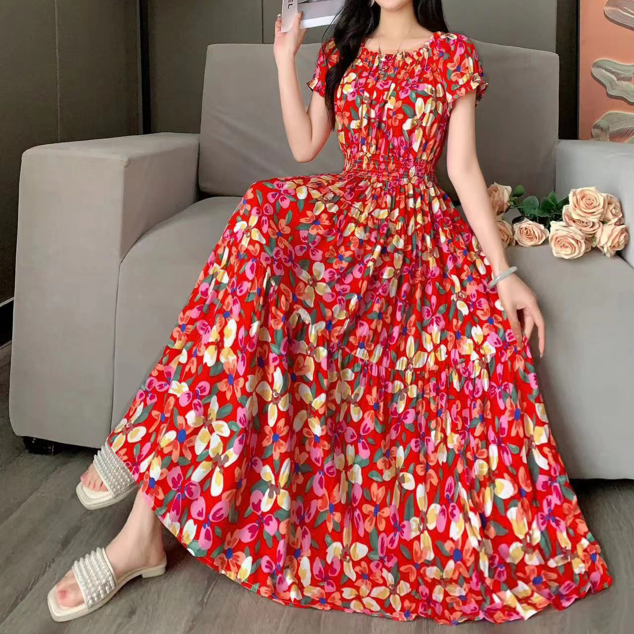Women's Tea Dress Casual Elegant Vacation Boat Neck Elastic Waist Hollow Out Short Sleeve Flower Midi Dress Casual Outdoor Daily display picture 2