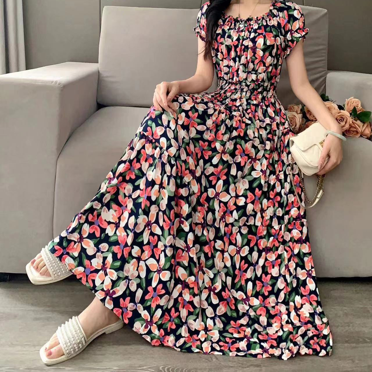 Women's Tea Dress Casual Elegant Vacation Boat Neck Elastic Waist Hollow Out Short Sleeve Flower Midi Dress Casual Outdoor Daily display picture 3