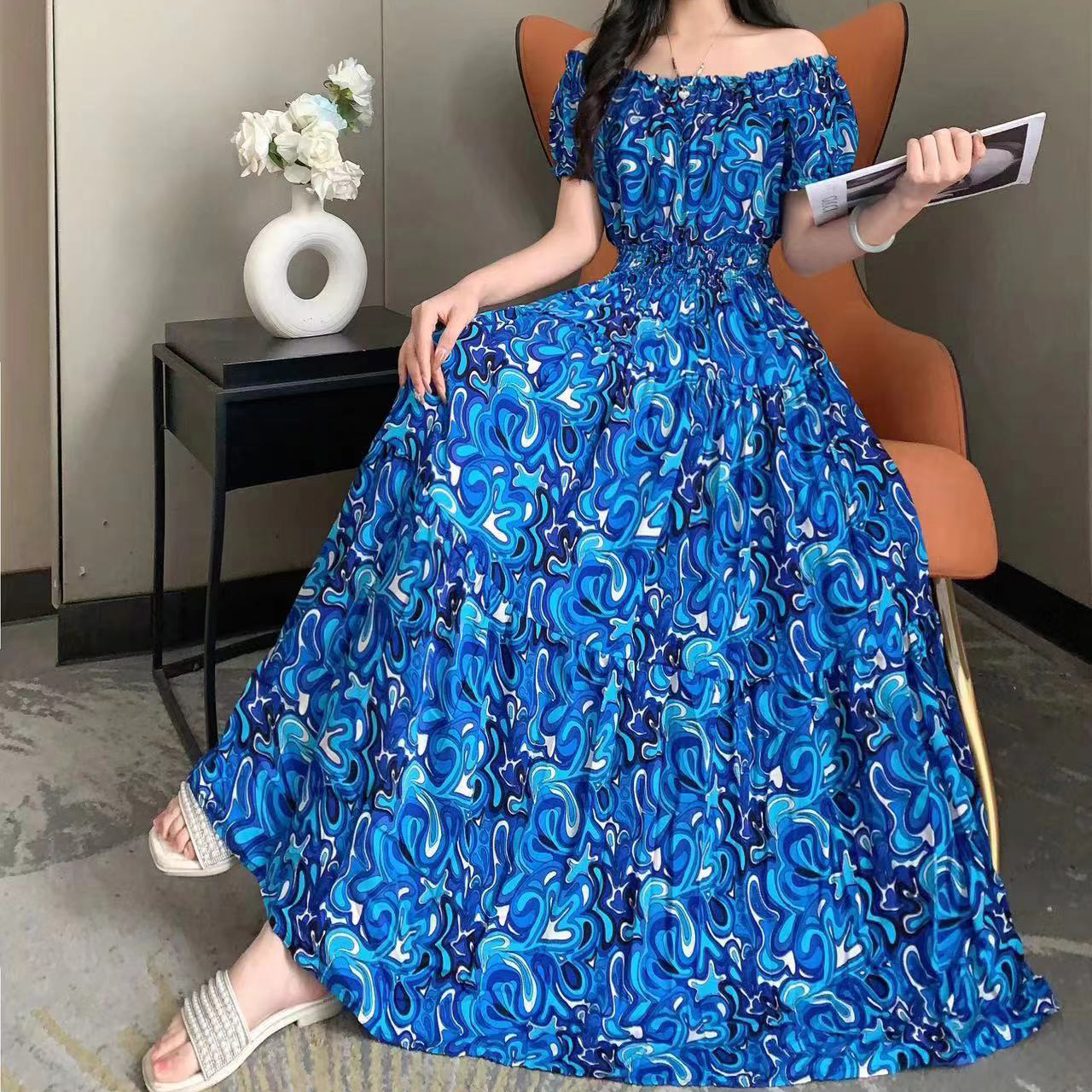 Women's Tea Dress Casual Elegant Vacation Boat Neck Elastic Waist Hollow Out Short Sleeve Flower Midi Dress Casual Outdoor Daily display picture 7