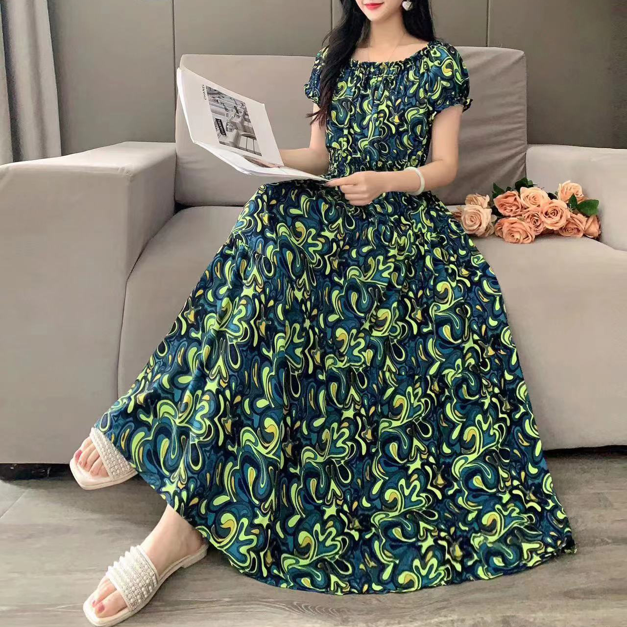 Women's Tea Dress Casual Elegant Vacation Boat Neck Elastic Waist Hollow Out Short Sleeve Flower Midi Dress Casual Outdoor Daily display picture 6
