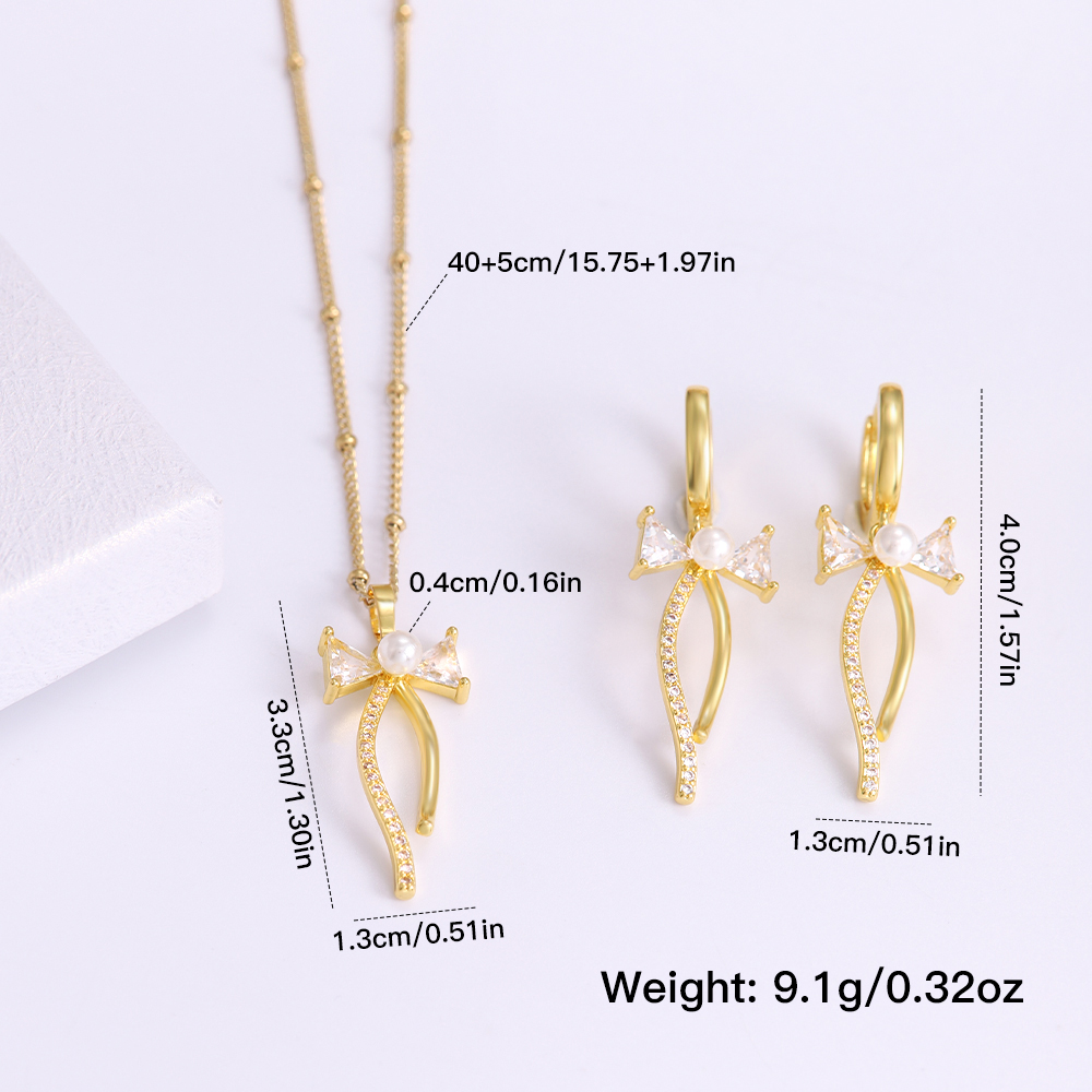 Copper 18K Gold Plated IG Style Sweet Plating Inlay Bow Knot Artificial Pearls Zircon Jewelry Set display picture 3