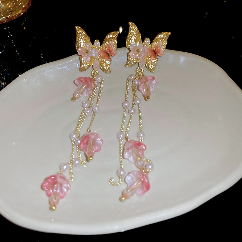 1 Pair Sweet Flower Butterfly Inlay Alloy Crystal Drop Earrings display picture 1