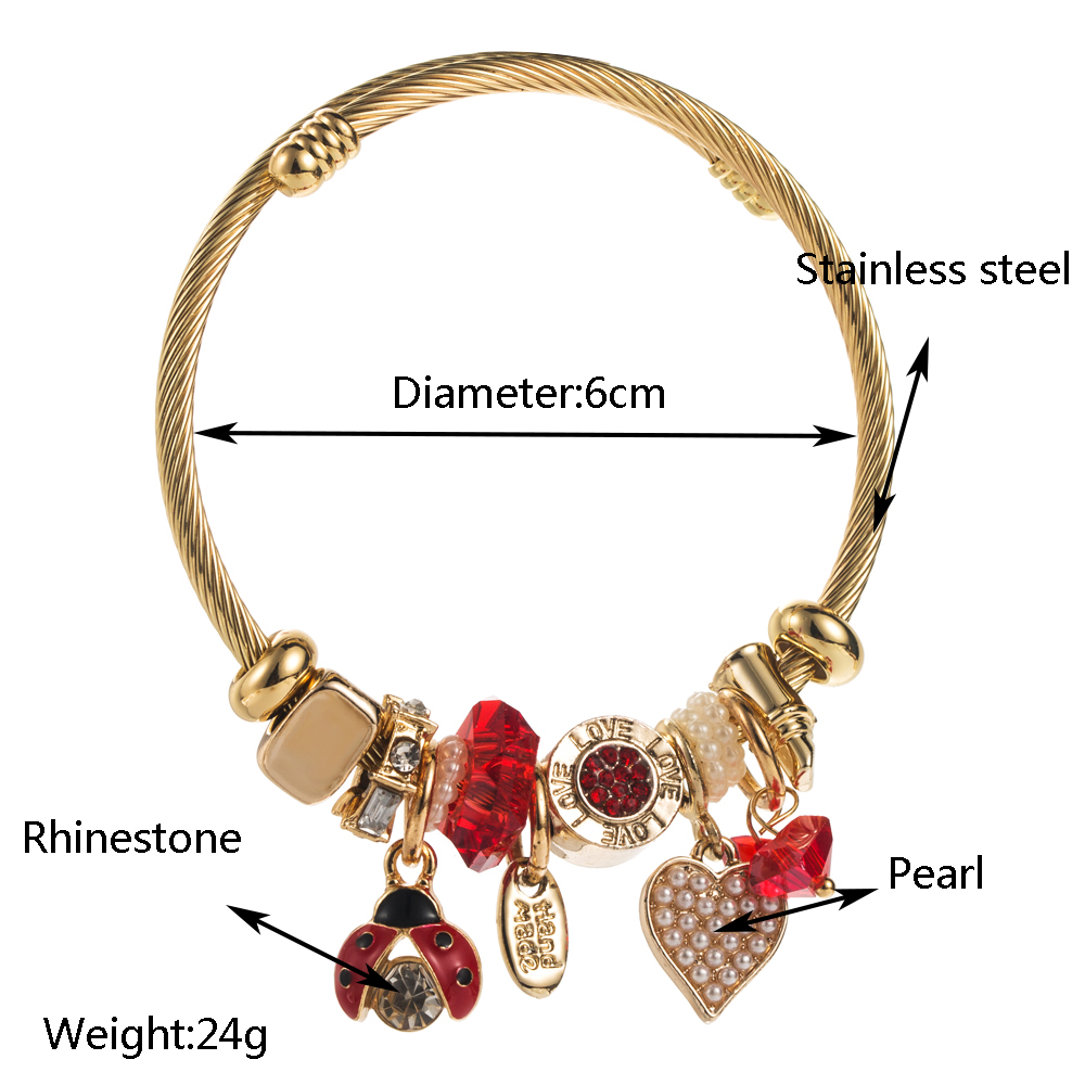 Casual Vacation Classic Style Red Heart Beetles 304 Stainless Steel 14K Gold Plated Rhinestones Bangle In Bulk display picture 1