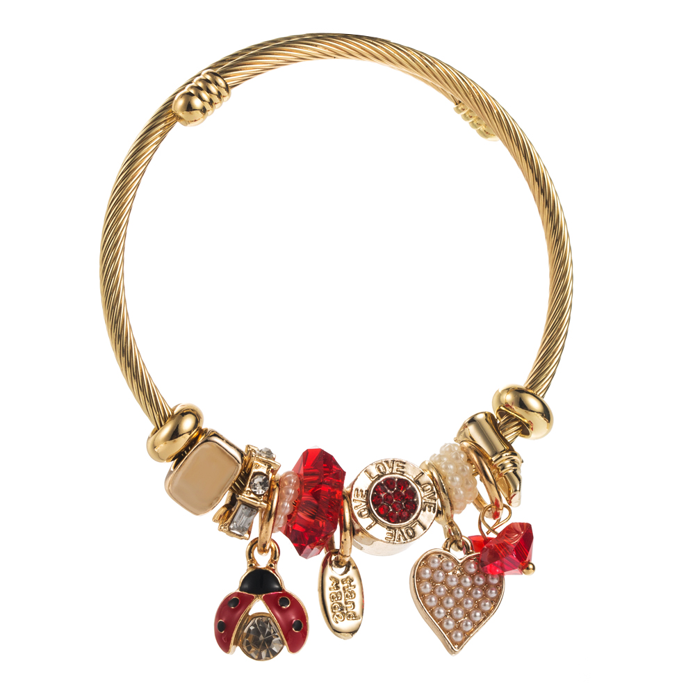 Casual Vacation Classic Style Red Heart Beetles 304 Stainless Steel 14K Gold Plated Rhinestones Bangle In Bulk display picture 6