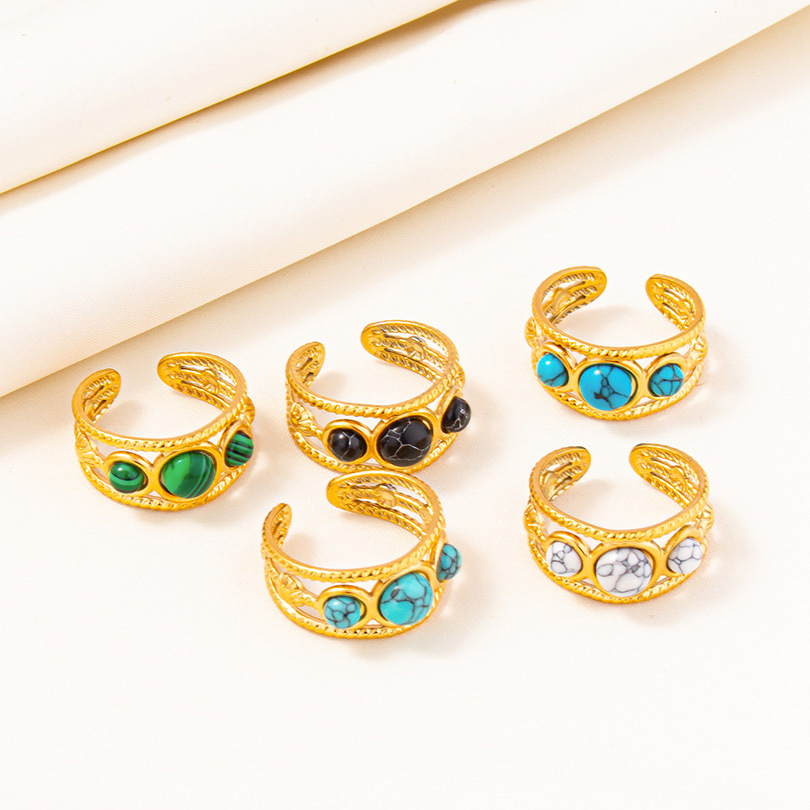 304 Stainless Steel Simple Style Inlay Round Artificial Gemstones Rings display picture 4