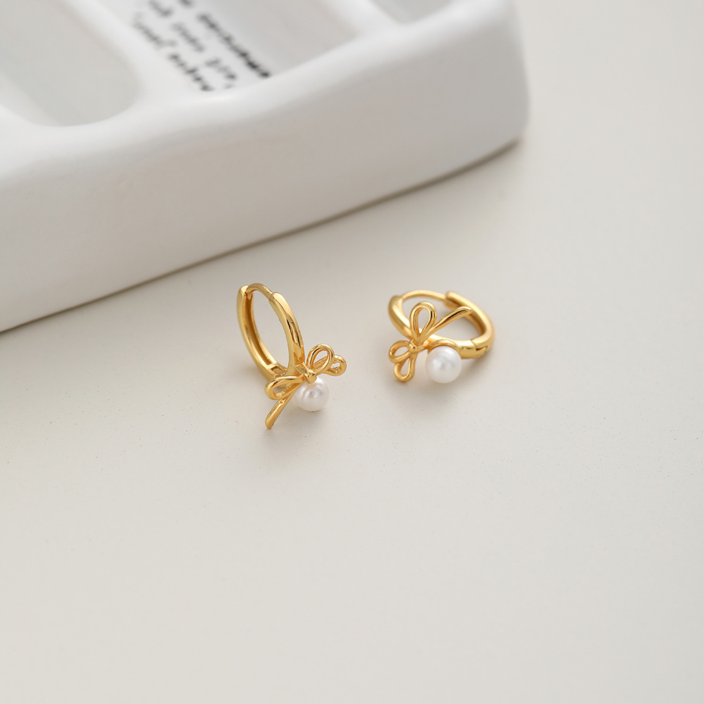 1 Paar Romantisch Süss Bogenknoten Überzug Inlay Sterling Silber Perle Ohrringe display picture 2