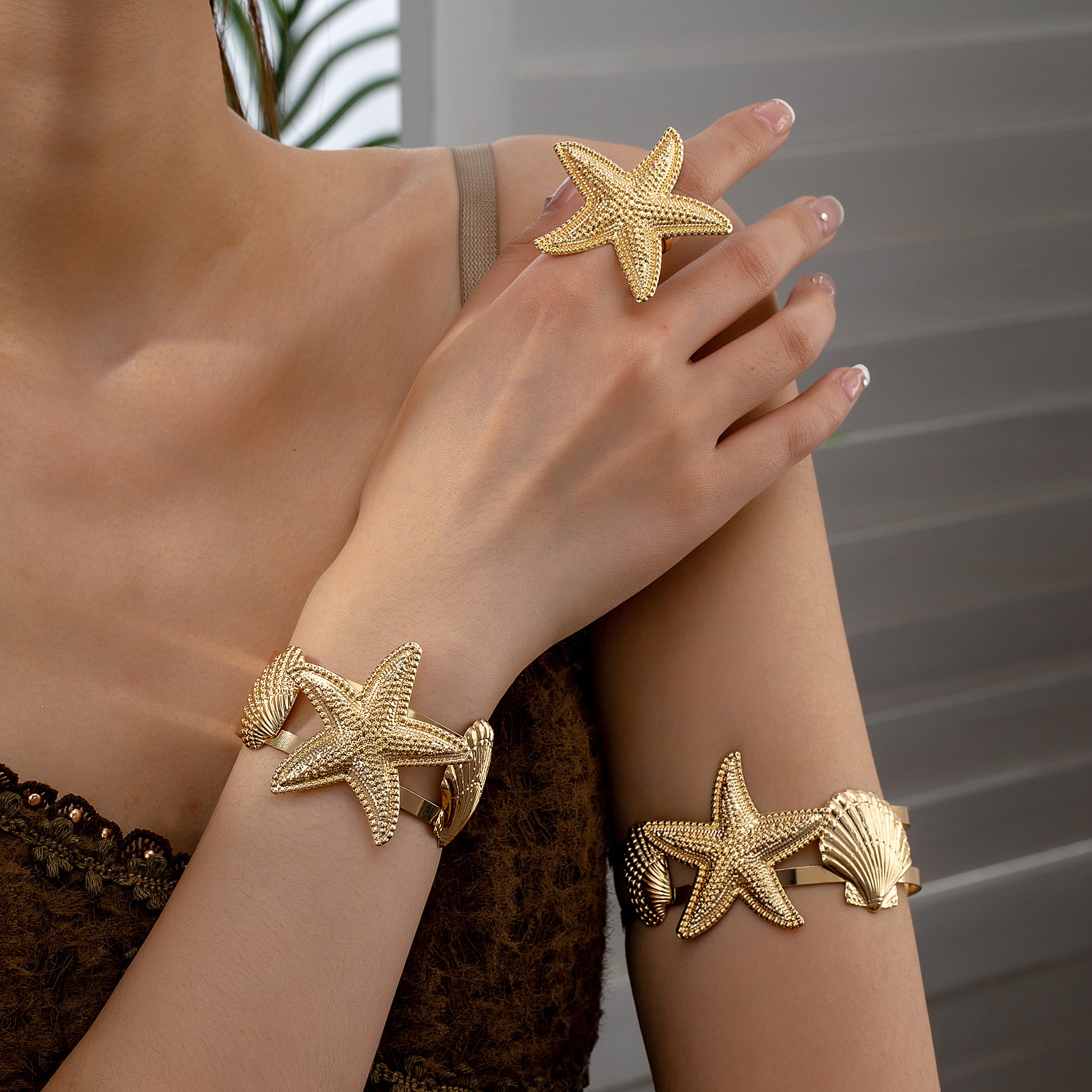 Vacation Beach Classic Style Starfish Ocean 14K Gold Plated Alloy Wholesale Rings Bracelets Jewelry Set display picture 1