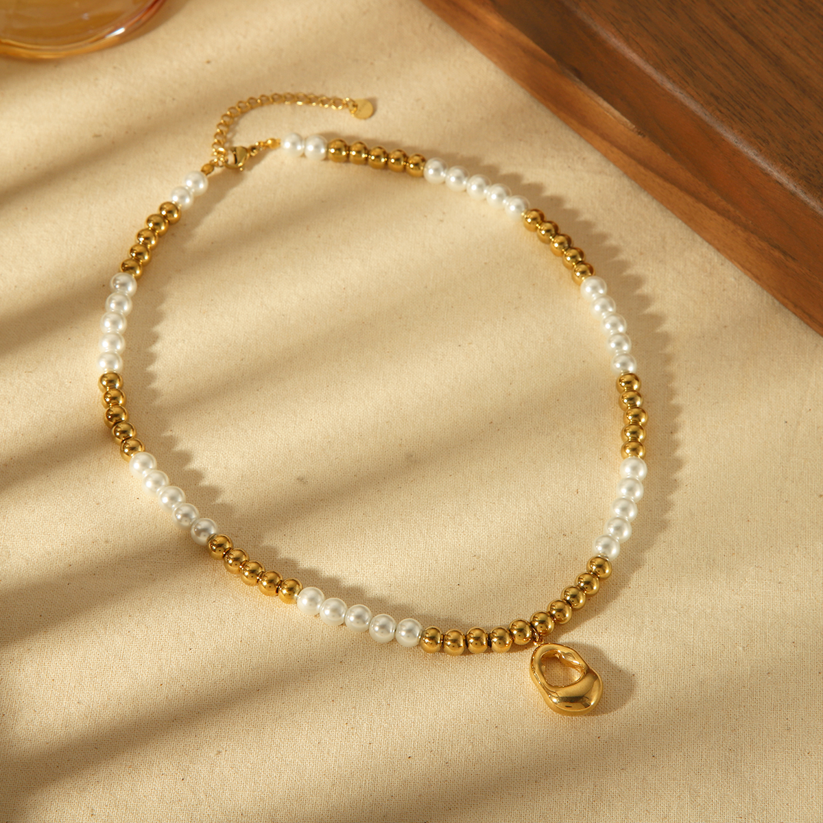 Edelstahl 304 18 Karat Vergoldet IG-Stil Basic Pendeln Überzug Inlay Runden Künstliche Perlen Armbänder Halskette display picture 2