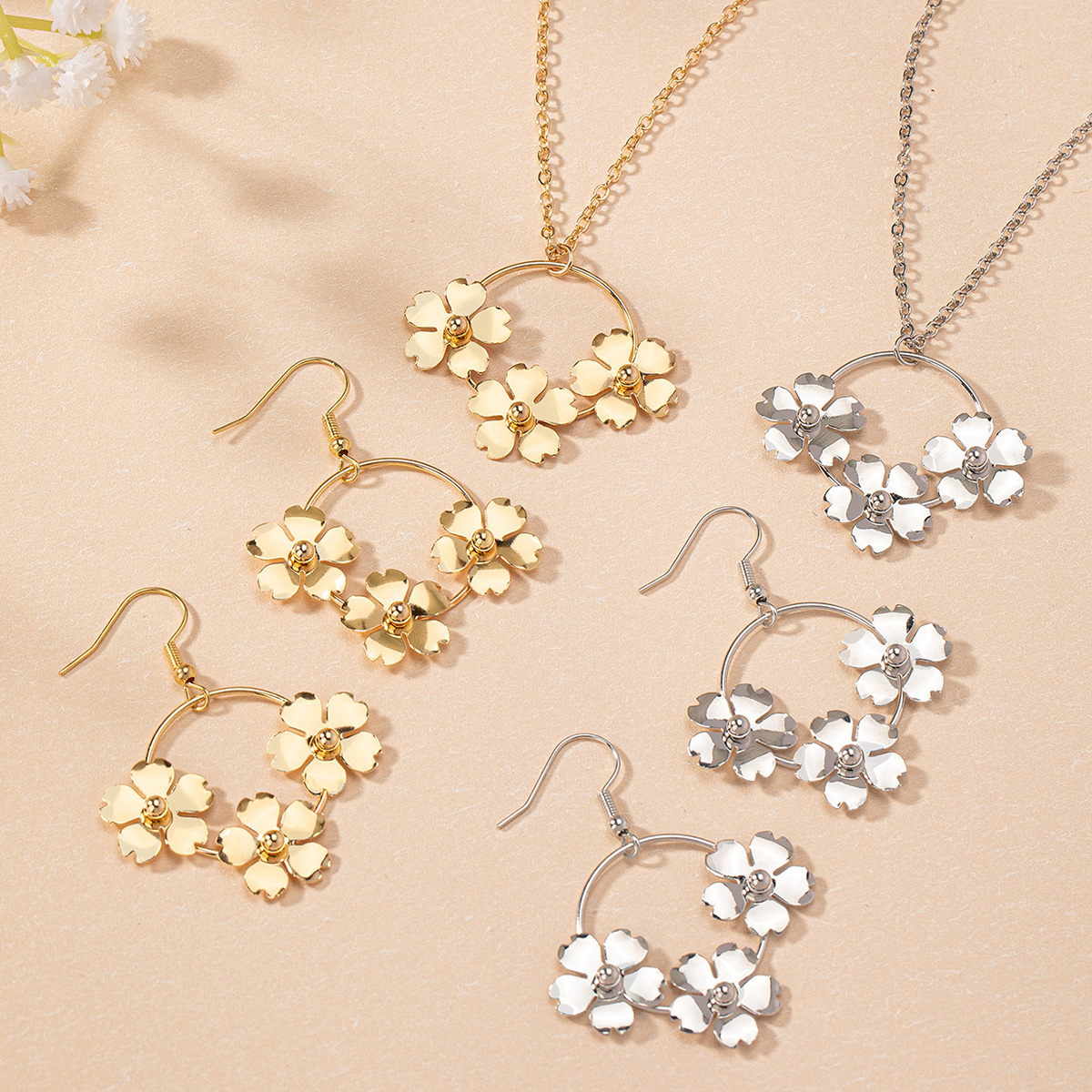 Elegant Lady Streetwear Flower Iron Wholesale Earrings Necklace Jewelry Set display picture 3
