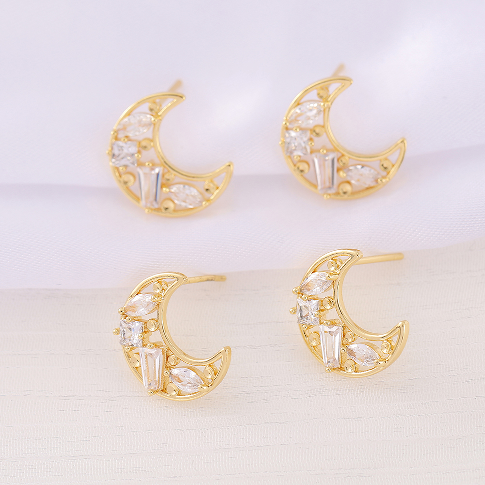 1 Pair 12 * 13mm Copper Zircon 18K Gold Plated Moon Polished Earring Findings display picture 5