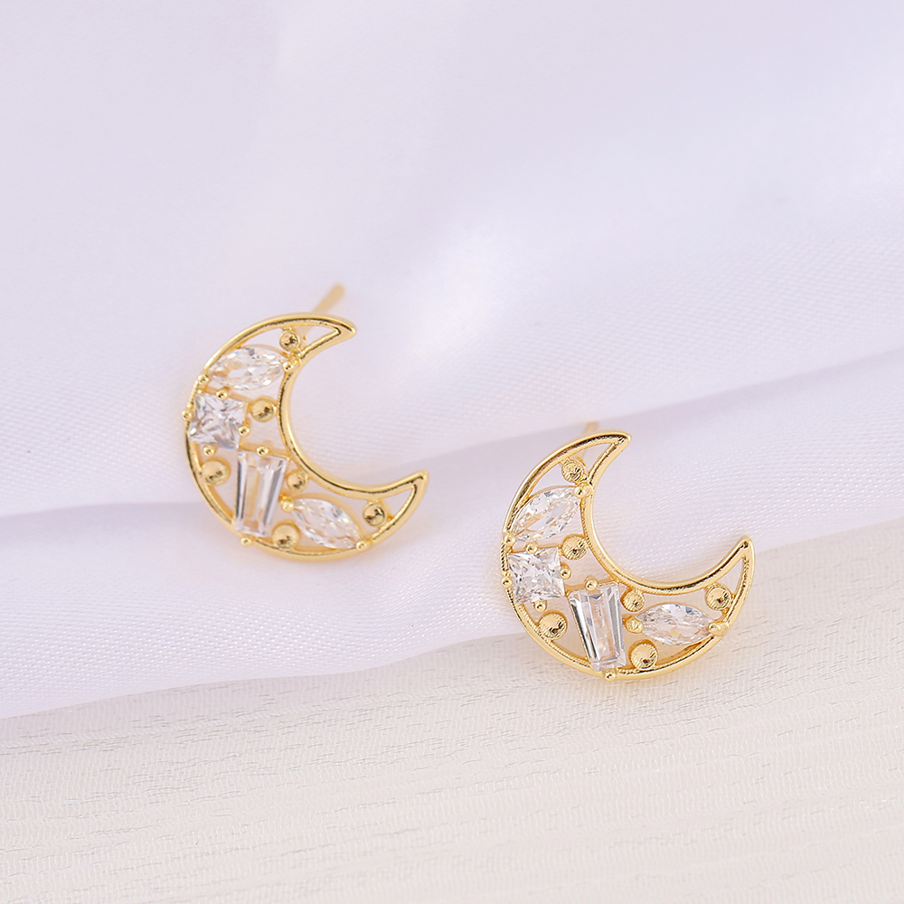 1 Pair 12 * 13mm Copper Zircon 18K Gold Plated Moon Polished Earring Findings display picture 4