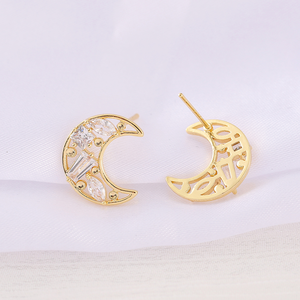 1 Pair 12 * 13mm Copper Zircon 18K Gold Plated Moon Polished Earring Findings display picture 3