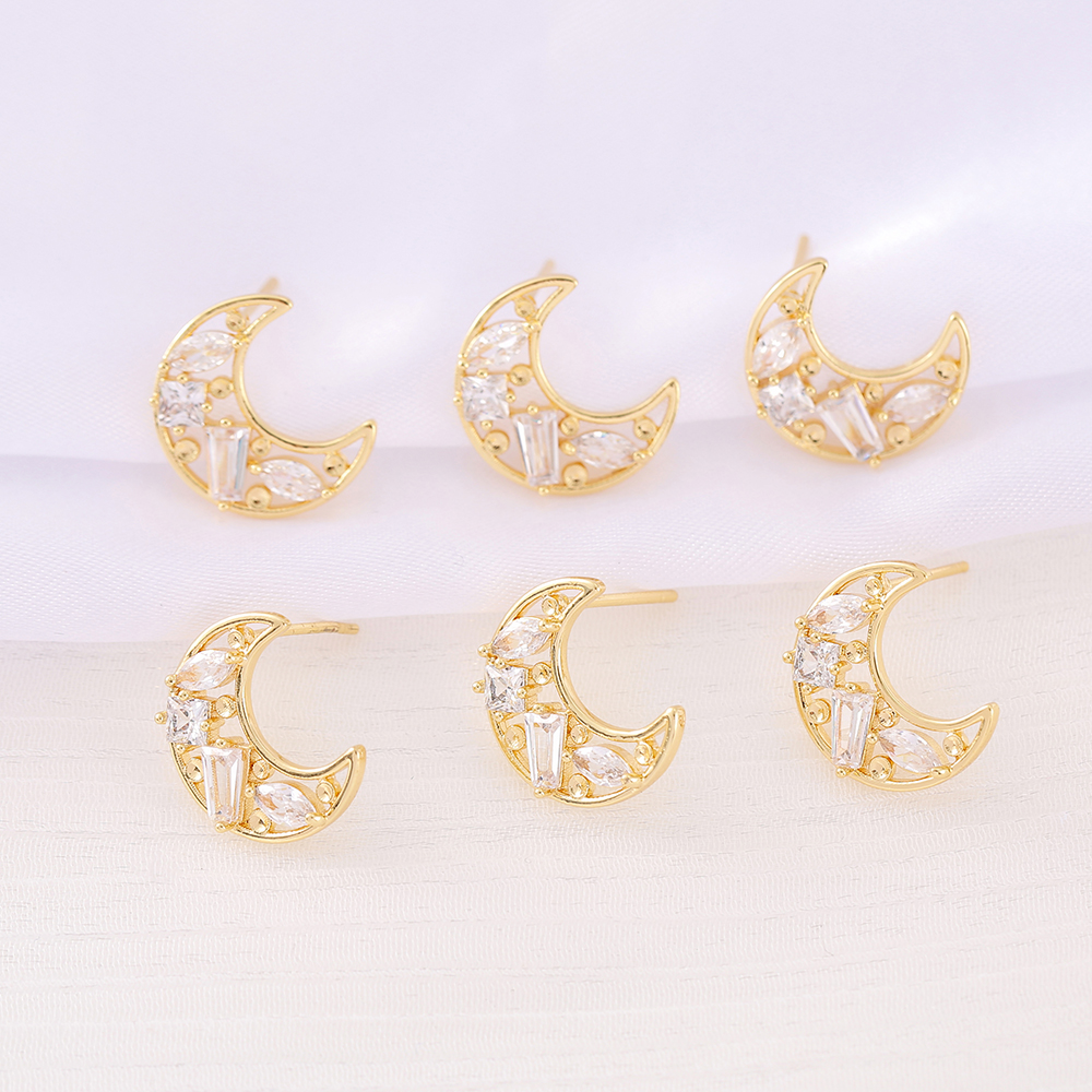 1 Pair 12 * 13mm Copper Zircon 18K Gold Plated Moon Polished Earring Findings display picture 1