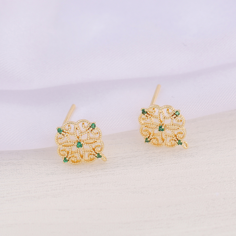1 Pair 12 * 13mm Copper Zircon 18K Gold Plated Floral Polished Earring Findings display picture 4