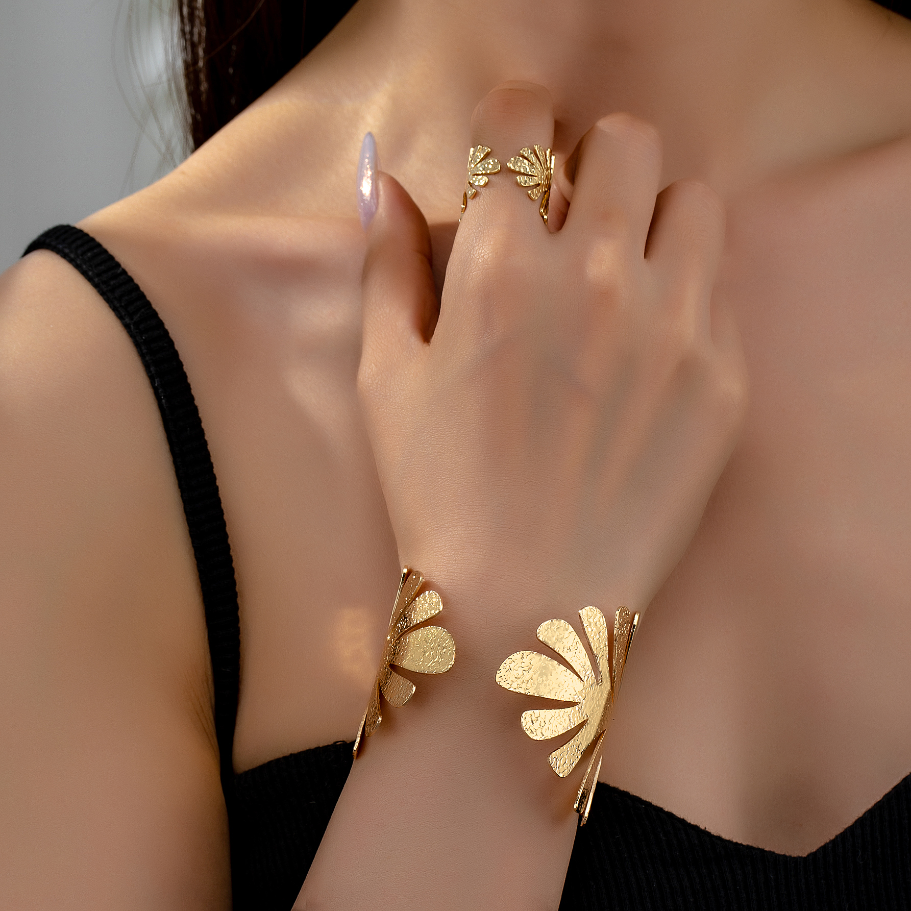 Glam Vacation Romantic Leaf Leaves 14K Gold Plated Alloy Wholesale Rings Bracelets Jewelry Set display picture 1