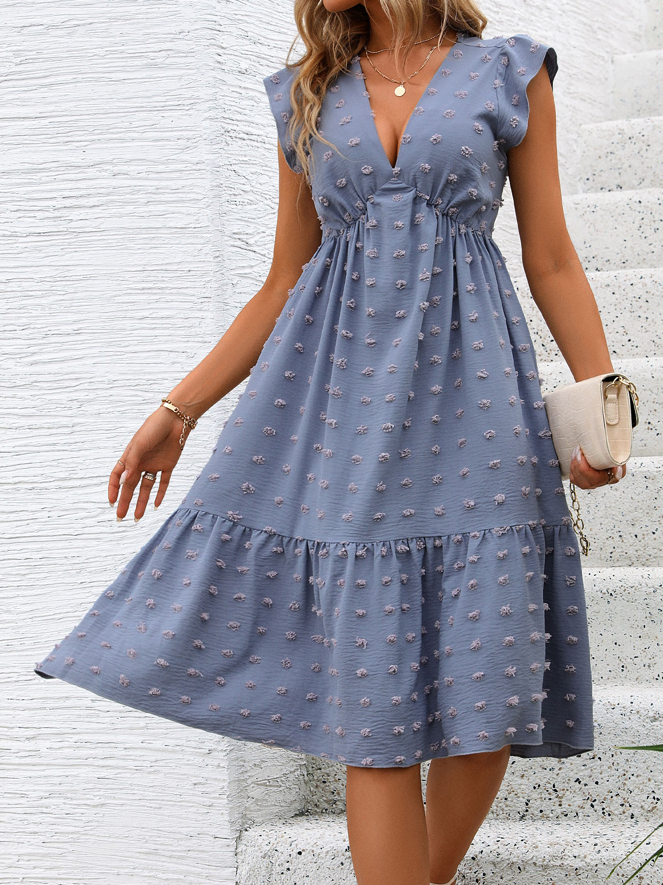 Women's Regular Dress Sexy V Neck Ruffles Short Sleeve Polka Dots Solid Color Above Knee Daily Date display picture 3