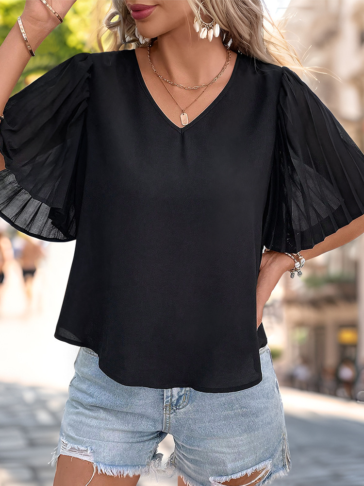 Women's Chiffon Shirt Short Sleeve T-Shirts Pleated Elegant Solid Color display picture 2