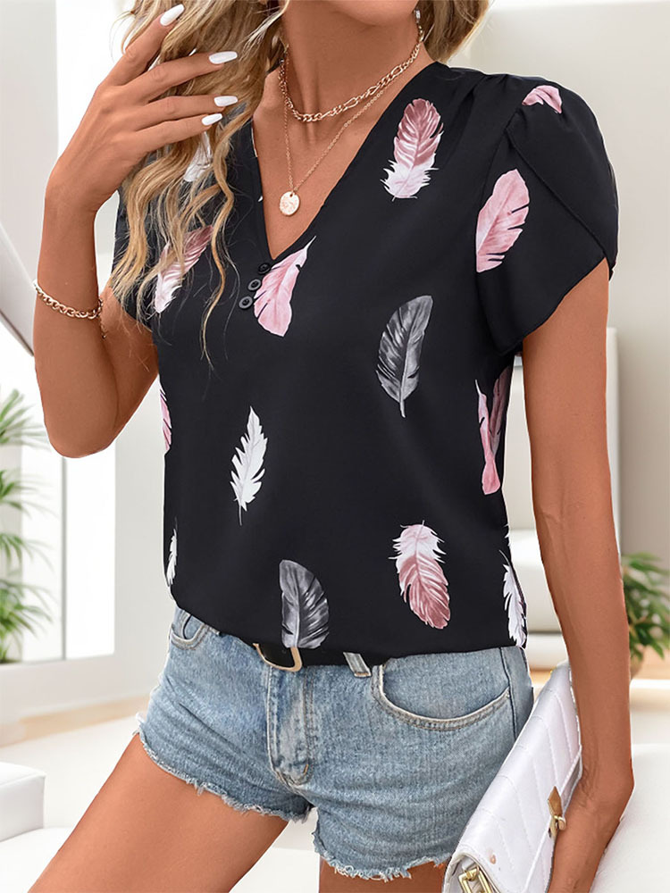 Women's Blouse Short Sleeve T-Shirts Printing Button Simple Style Feather display picture 1