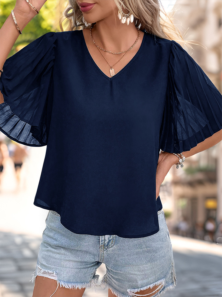 Women's Chiffon Shirt Short Sleeve T-Shirts Pleated Elegant Solid Color display picture 9