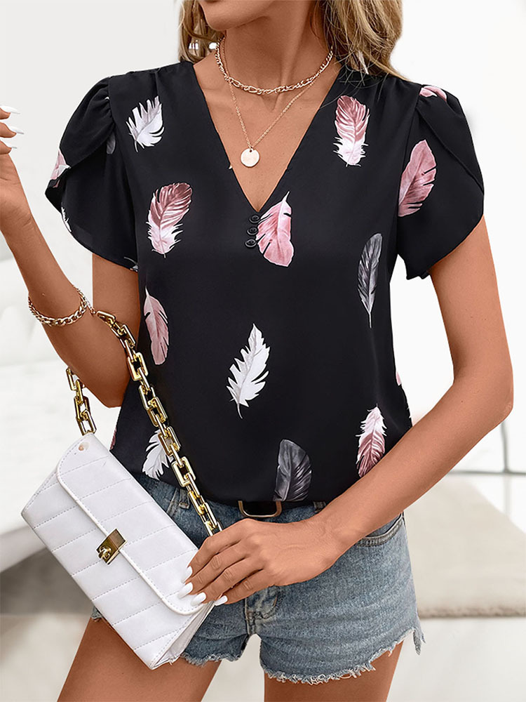 Women's Blouse Short Sleeve T-Shirts Printing Button Simple Style Feather display picture 2