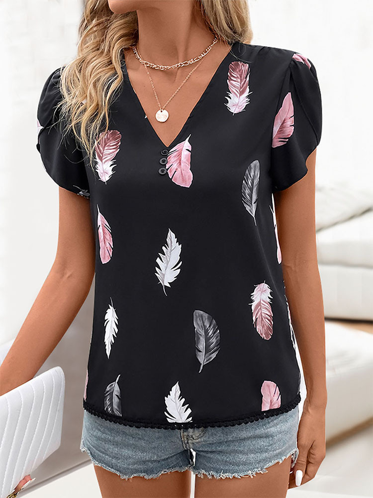 Women's Blouse Short Sleeve T-Shirts Printing Button Simple Style Feather display picture 3