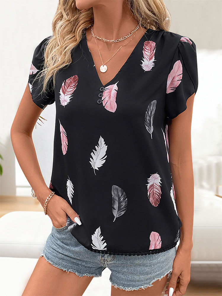 Women's Blouse Short Sleeve T-Shirts Printing Button Simple Style Feather display picture 4
