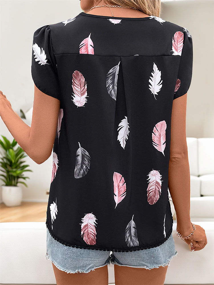 Women's Blouse Short Sleeve T-Shirts Printing Button Simple Style Feather display picture 5