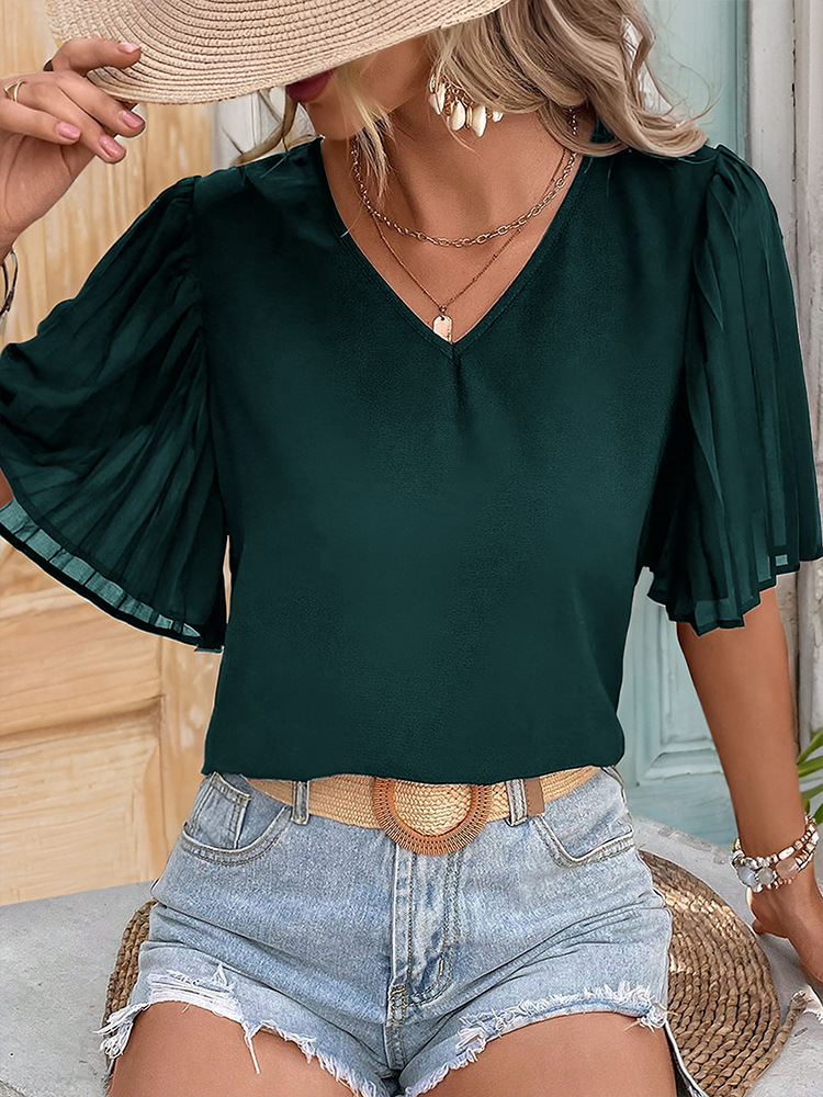Women's Chiffon Shirt Short Sleeve T-Shirts Pleated Elegant Solid Color display picture 12
