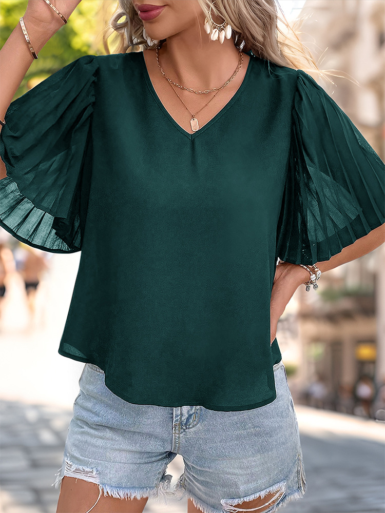 Women's Chiffon Shirt Short Sleeve T-Shirts Pleated Elegant Solid Color display picture 13