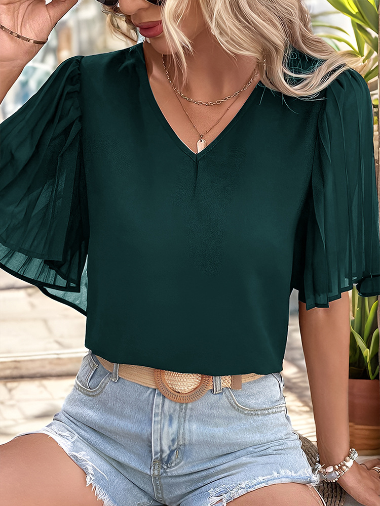 Women's Chiffon Shirt Short Sleeve T-Shirts Pleated Elegant Solid Color display picture 14