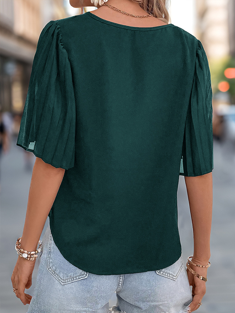 Women's Chiffon Shirt Short Sleeve T-Shirts Pleated Elegant Solid Color display picture 15