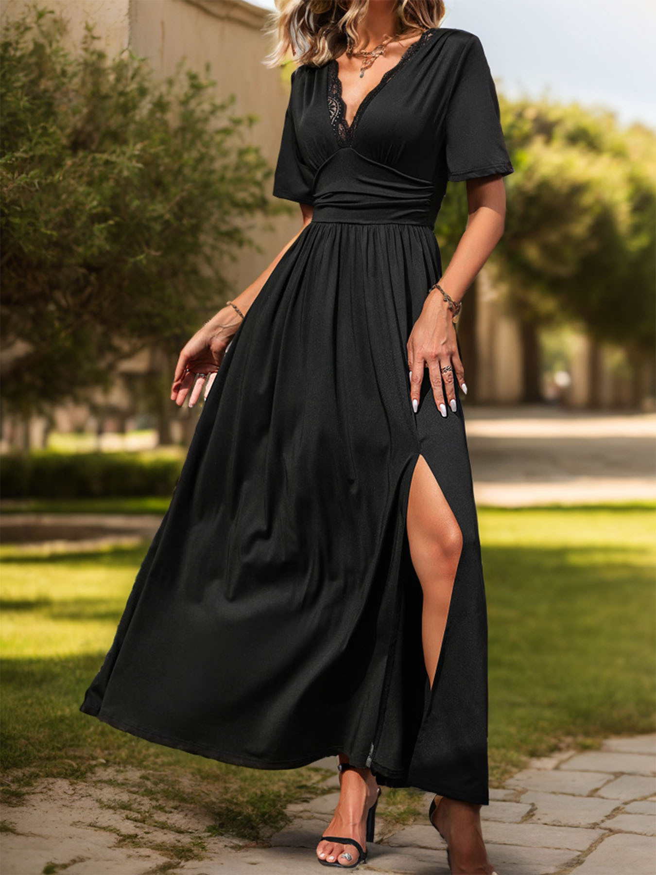 Women's Swing Dress Elegant V Neck Short Sleeve Solid Color Midi Dress Banquet Outdoor Date display picture 3