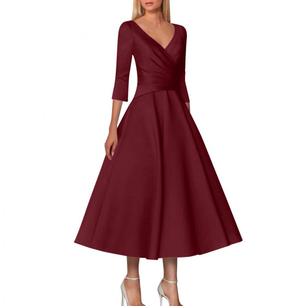 Women's Swing Dress Streetwear V Neck 3/4 Length Sleeve Solid Color Midi Dress Banquet Daily display picture 12