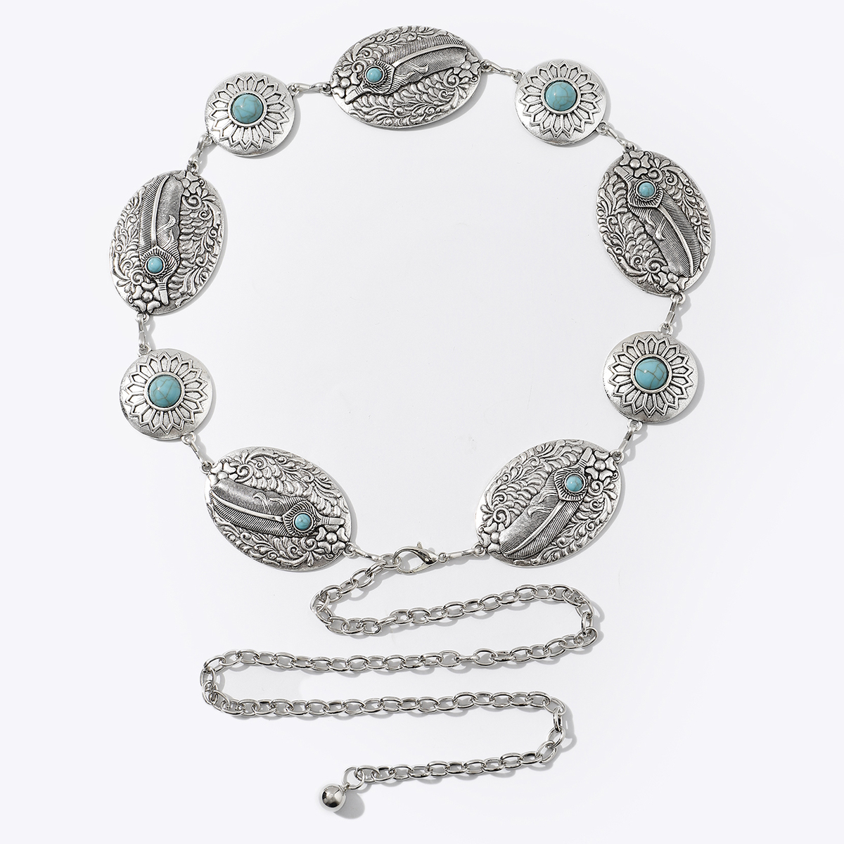 Casual Retro Bohemian Oval Feather Flower Alloy Inlay Turquoise Women's Chain Belts display picture 3