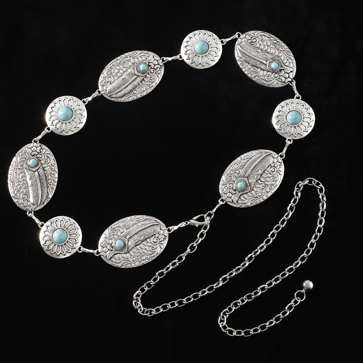 Casual Retro Bohemian Oval Feather Flower Alloy Inlay Turquoise Women's Chain Belts display picture 10
