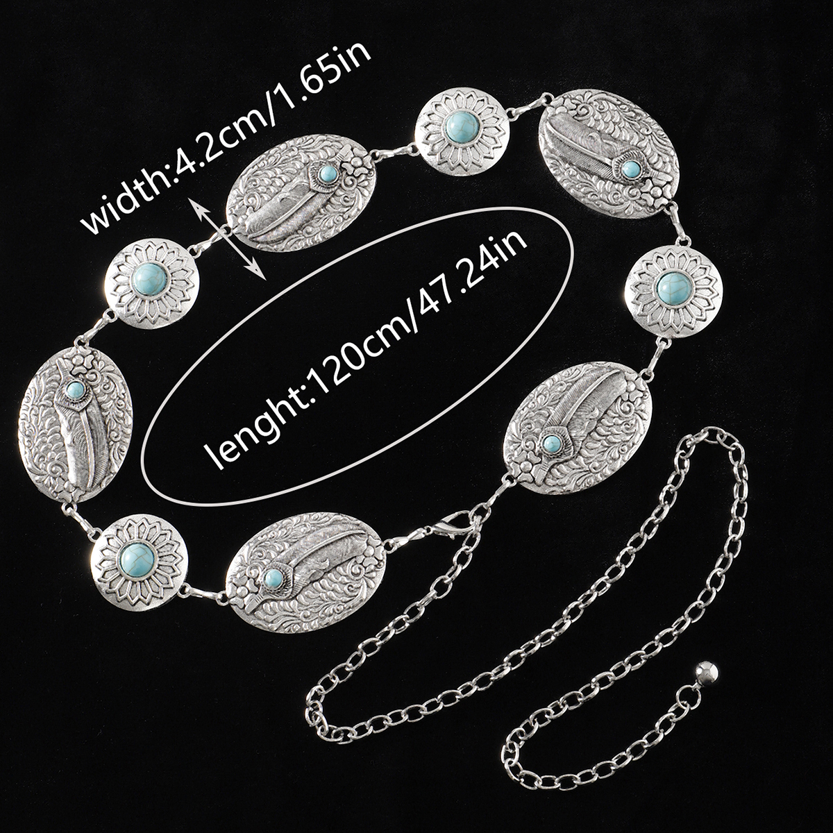 Casual Retro Bohemian Oval Feather Flower Alloy Inlay Turquoise Women's Chain Belts display picture 9