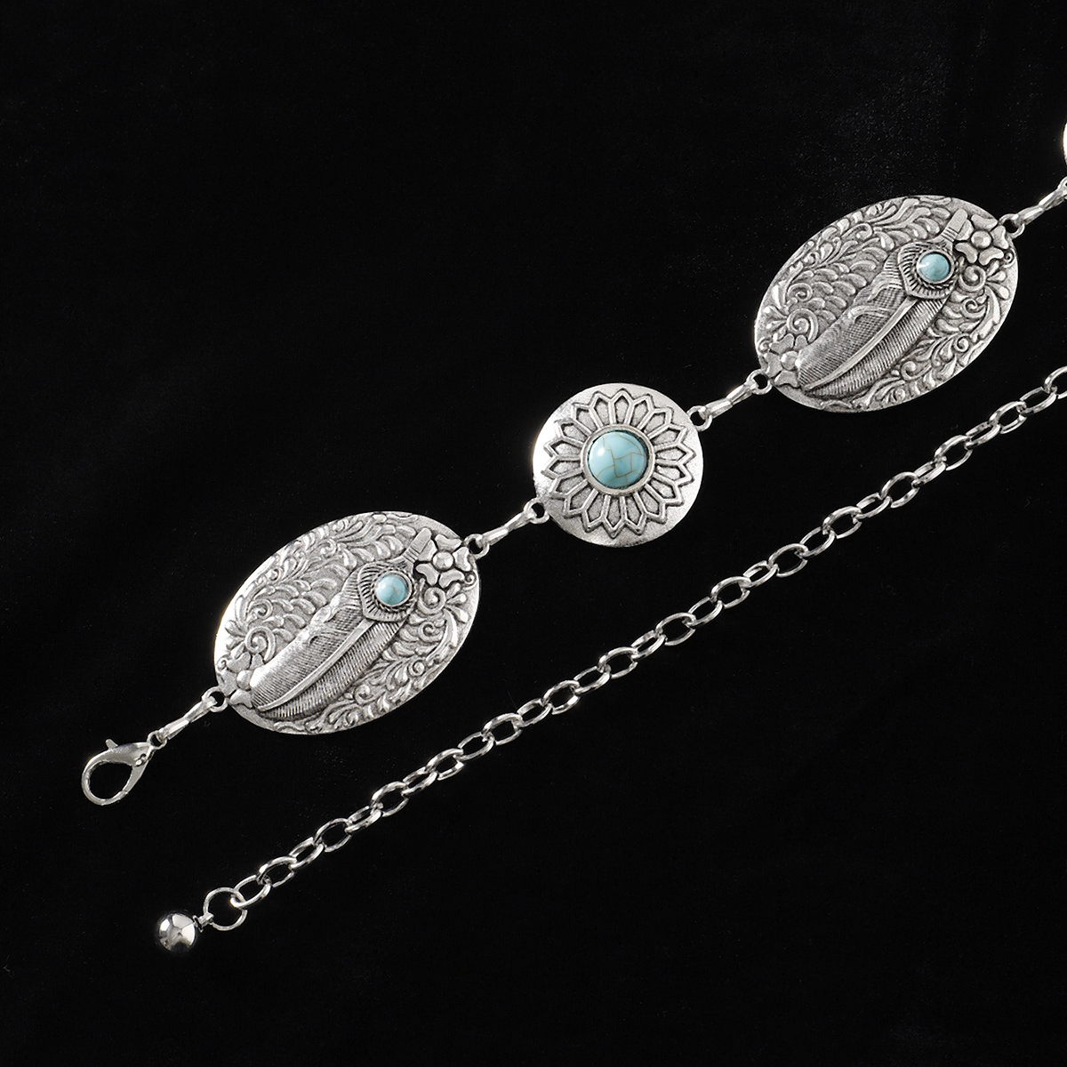 Casual Retro Bohemian Oval Feather Flower Alloy Inlay Turquoise Women's Chain Belts display picture 4