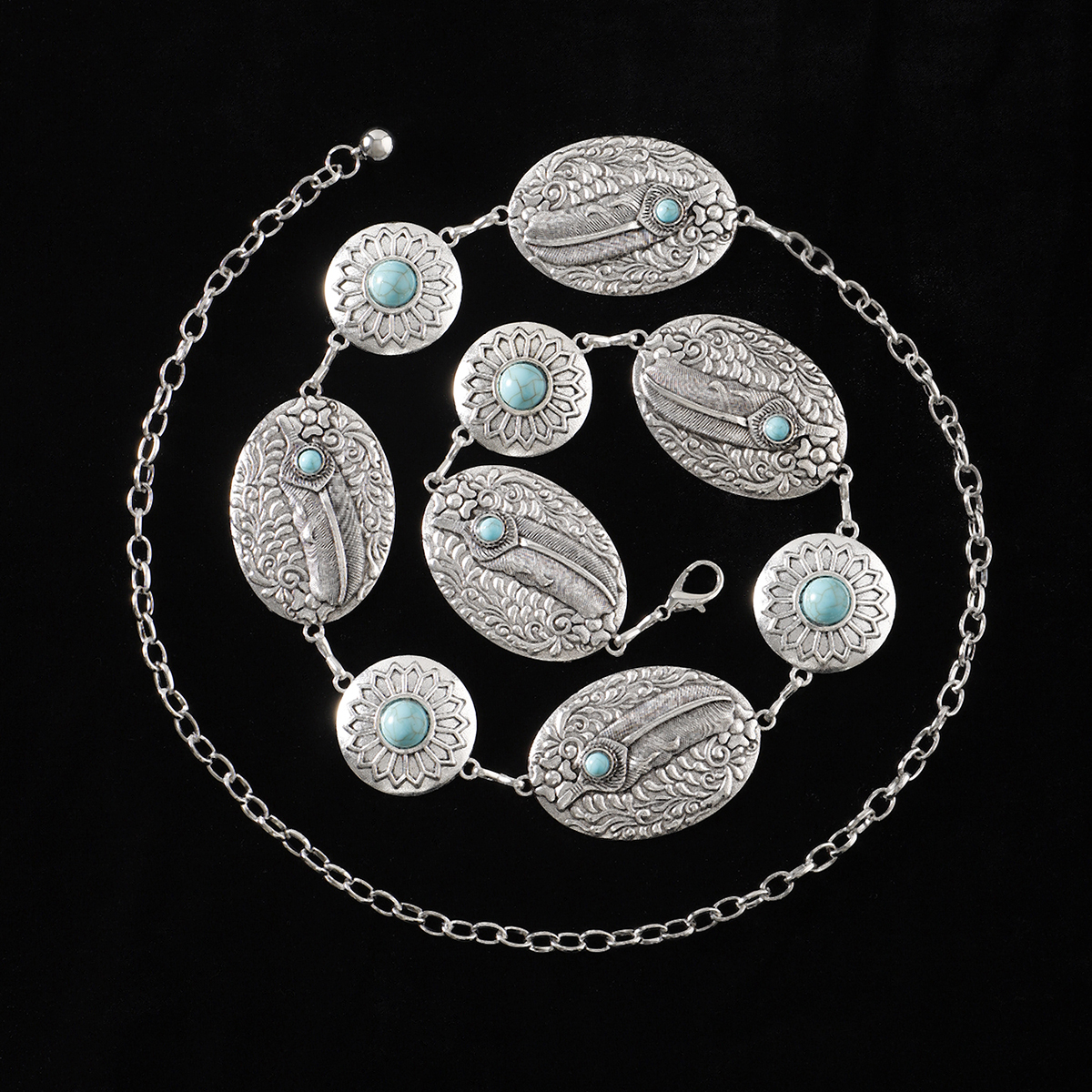 Casual Retro Bohemian Oval Feather Flower Alloy Inlay Turquoise Women's Chain Belts display picture 8