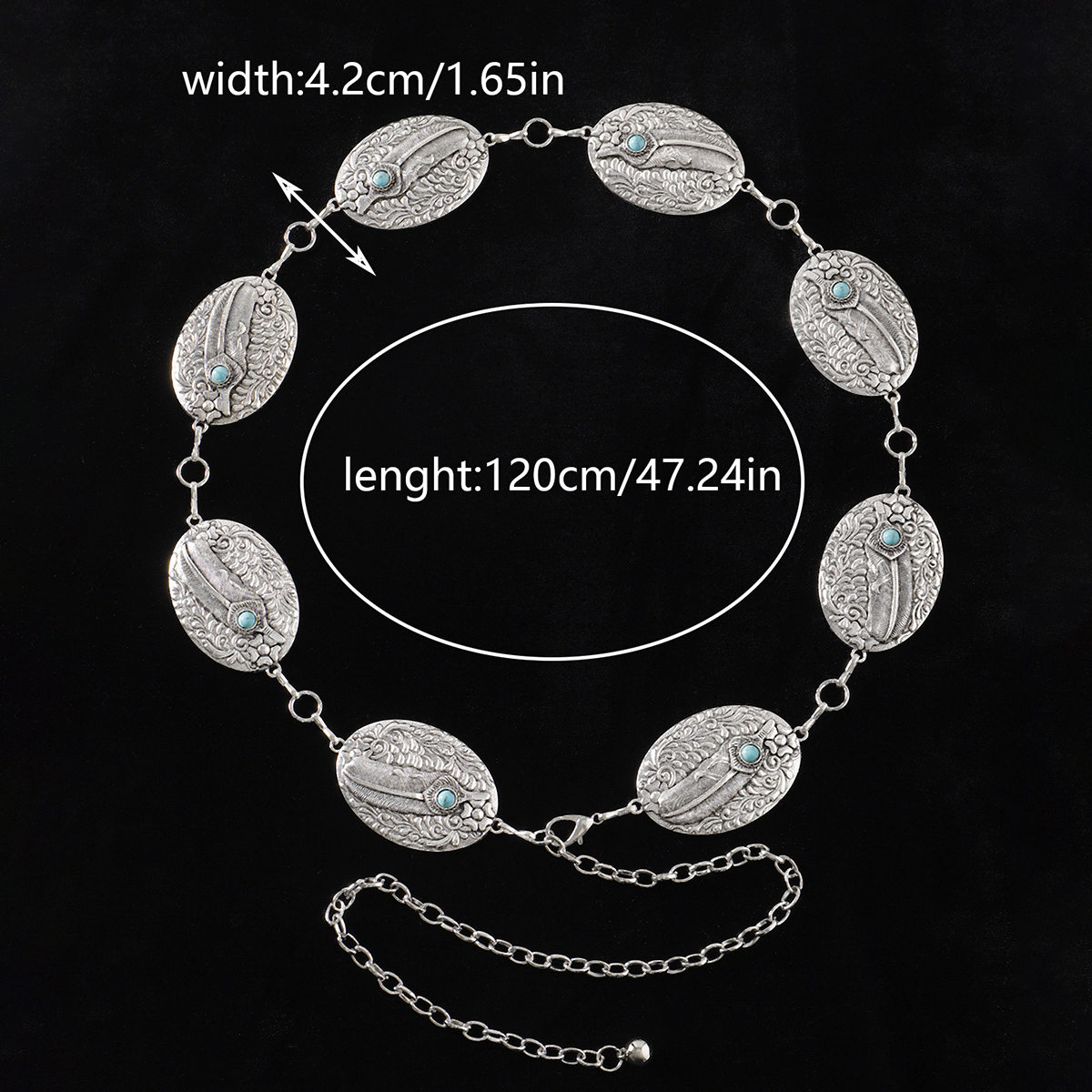 Casual Retro Bohemian Oval Feather Flower Alloy Inlay Turquoise Women's Chain Belts display picture 6