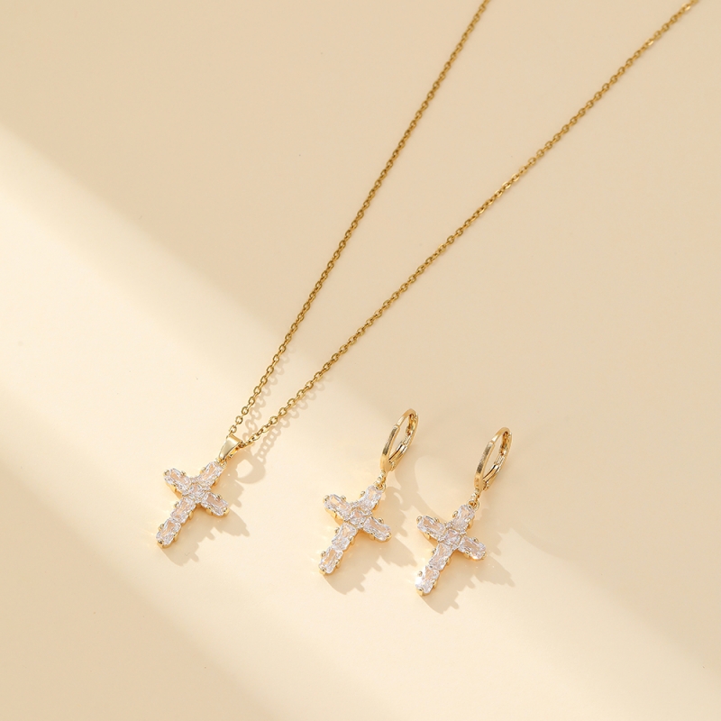 304 Stainless Steel Copper Gold Plated Luxurious Classic Style Inlay Cross Zircon Earrings Necklace Jewelry Set display picture 2